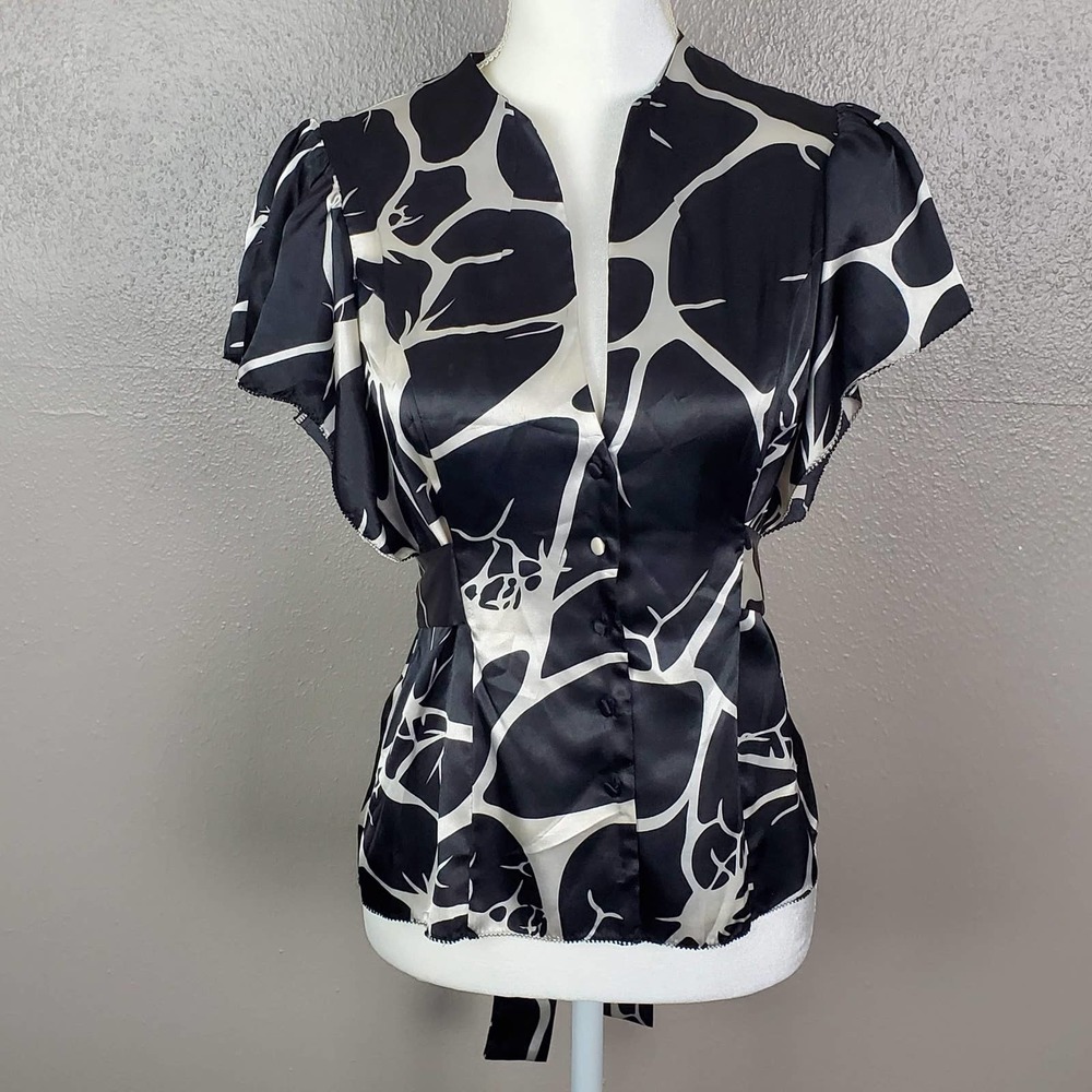 BCBGMaxAzria Black/White Flutter Sleeve Low-Cut Blouse w/Waist Tie S